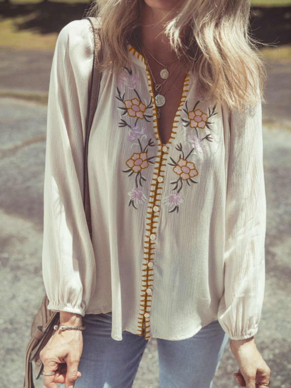 1246. Beige Floral Embroidered Textured Button Front Puff Sleeve Top